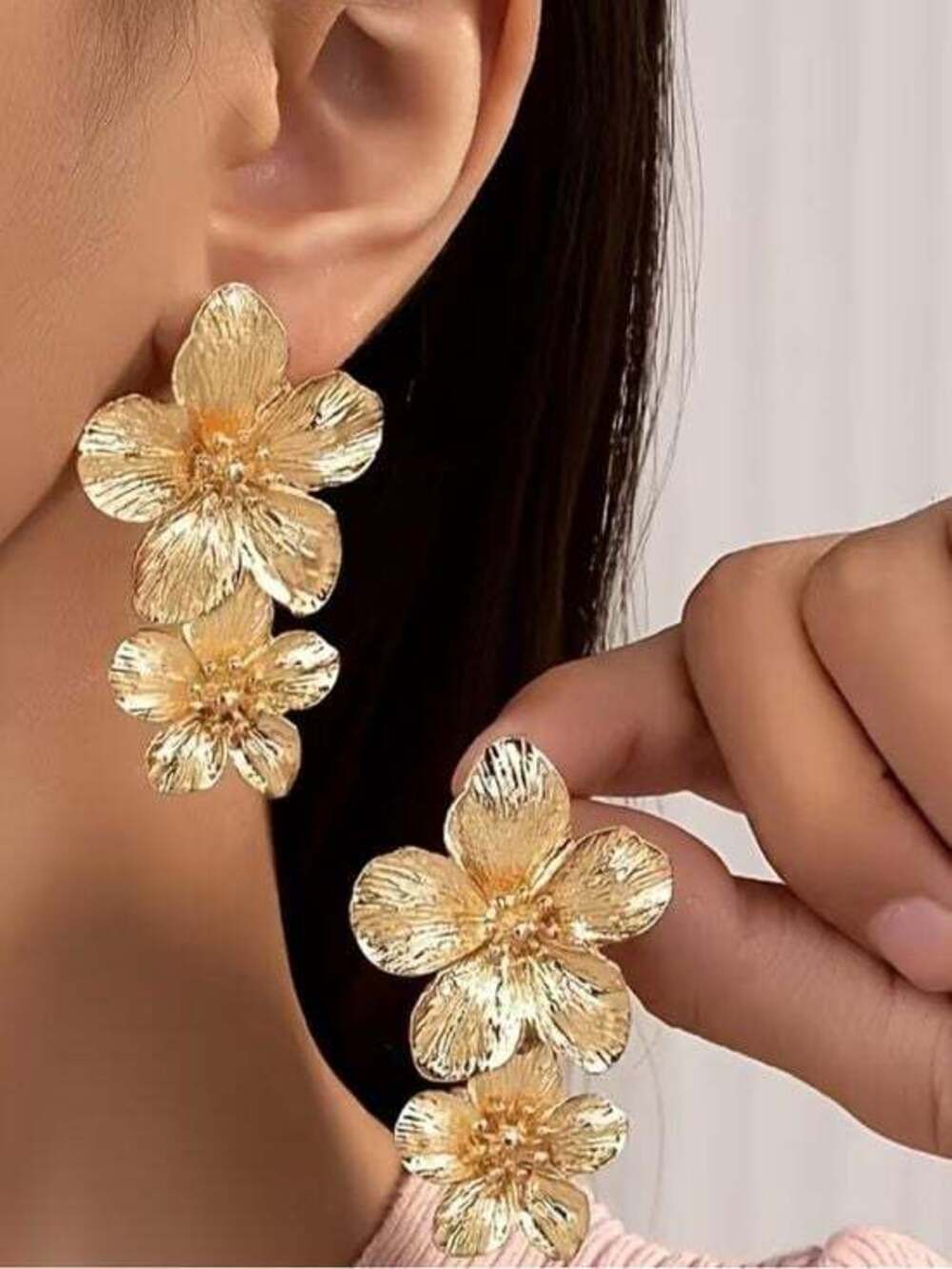 Gold Double Floral Drop Earrings - Women Jewelry